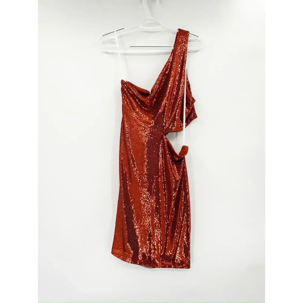 Halston Val Sequins One Shoulder Mini Dress in Orangeade Size 12 NWT‎